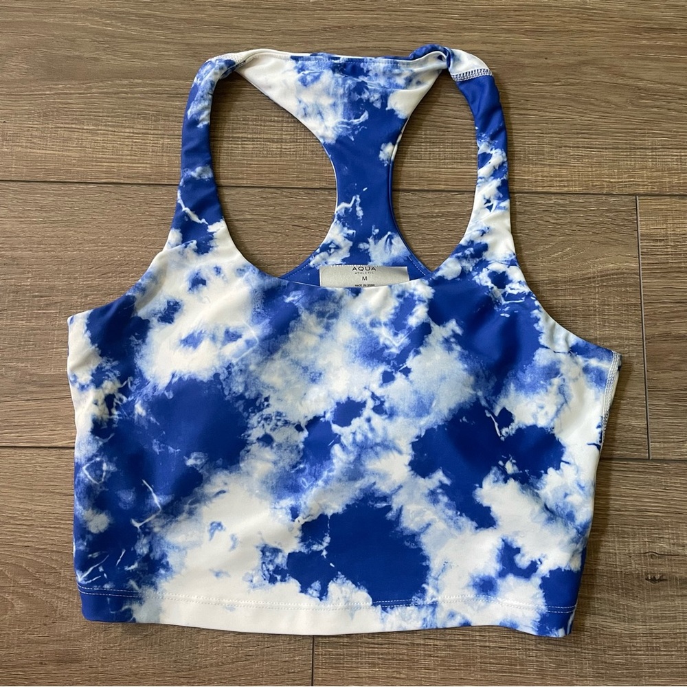 Aqua Blue and White Fitted Crop Tank Top
